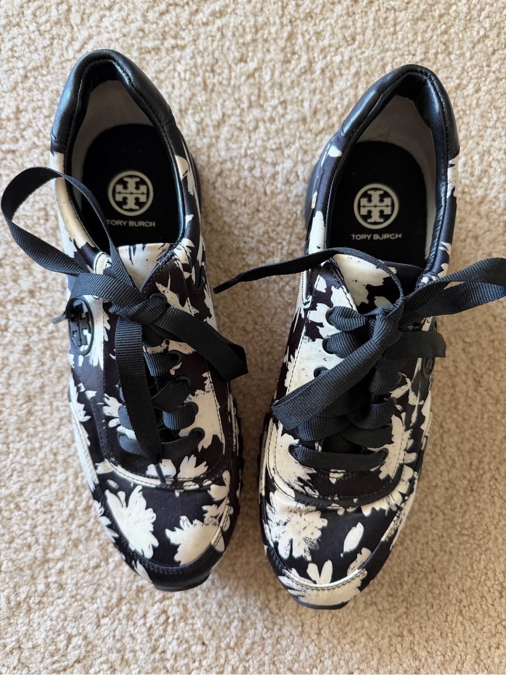 Tory Burch Black and White Floral Lace-Up Sneakers